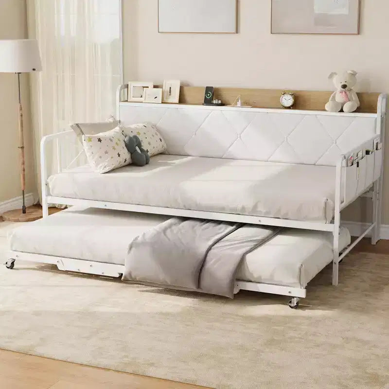 Lit de repos avec lit gigogne et lumière LED, cadre de lit double avec tête de lit rembourrée et station de charge, cadre de lit de repos en métal ou pour salon