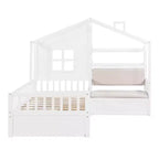 Lit cabane MAYEERTY pour enfant avec canapé, plateforme, deux tiroirs et étagère de rangement, blanc