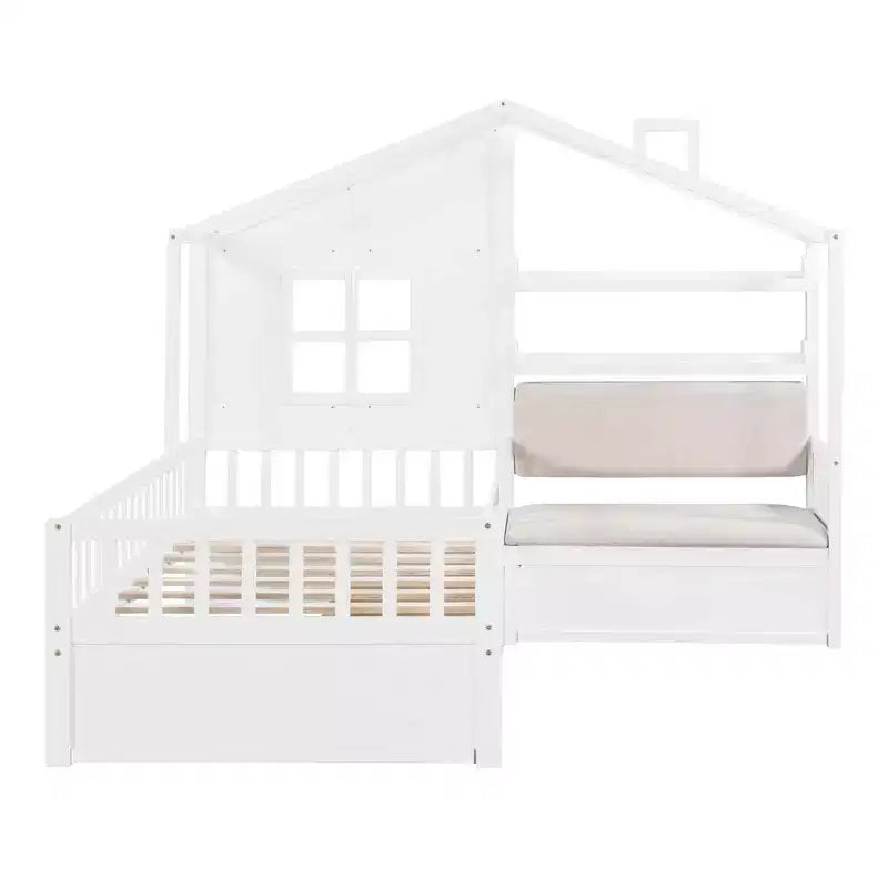Lit cabane MAYEERTY pour enfant avec canapé, plateforme, deux tiroirs et étagère de rangement, blanc