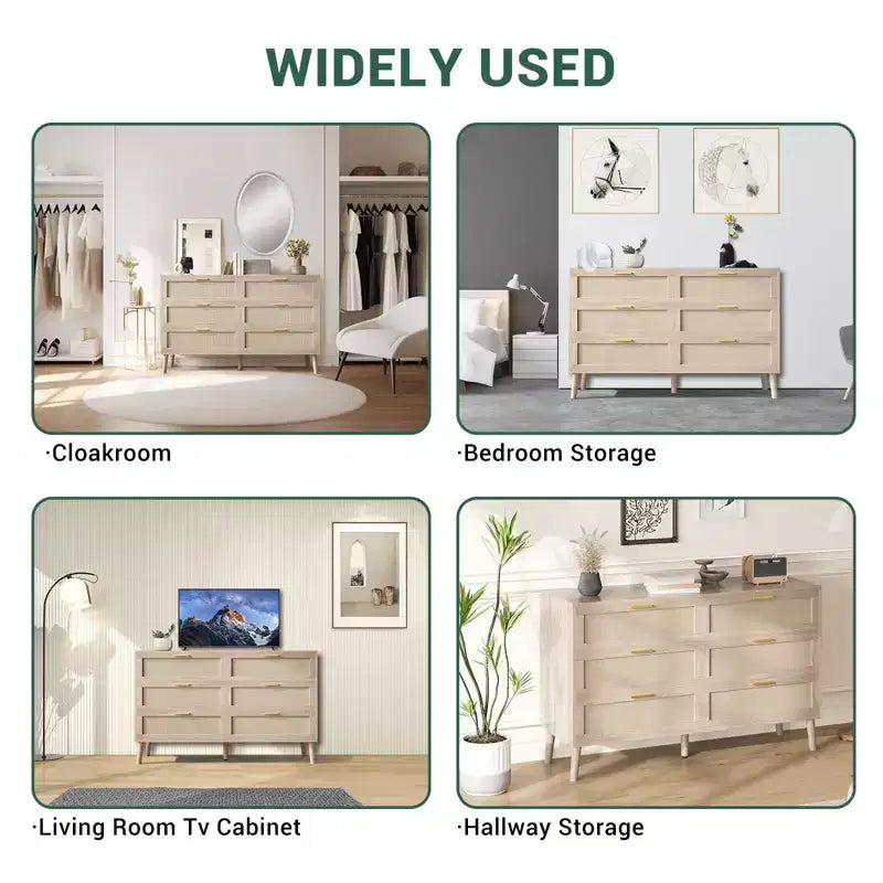 Commode en rotin naturel Garvee avec poignées dorées, commode de rangement en bois de style ferme avec 5 pieds solides pour salon, chambre et entrée, chêne
