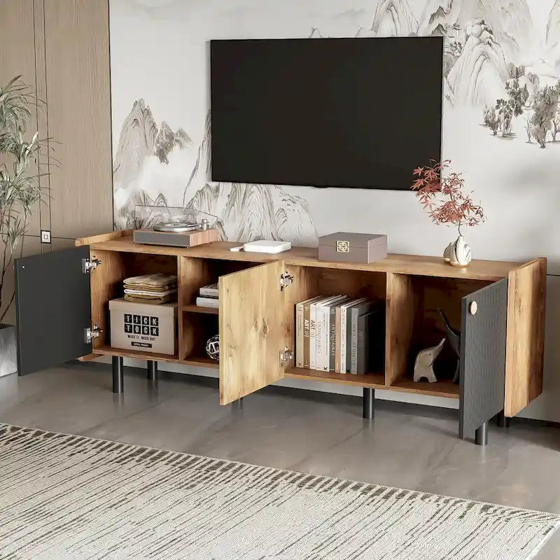 Meuble TV Mid-Century avec 3 armoires, console multimédia pour téléviseurs jusqu'à 70 pouces, centre de divertissement avec rangement