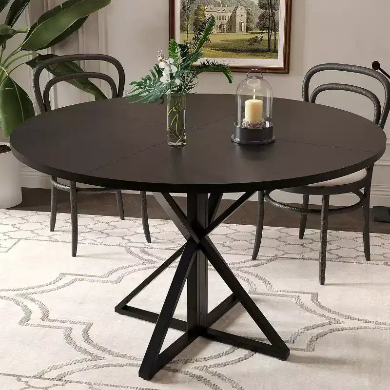 Table de salle à manger ronde de 120 cm pour 4 personnes, tables de cuisine en bois avec pied en métal et plateau en 4 parties, peu encombrante, table de dîner circulaire pour la maison
