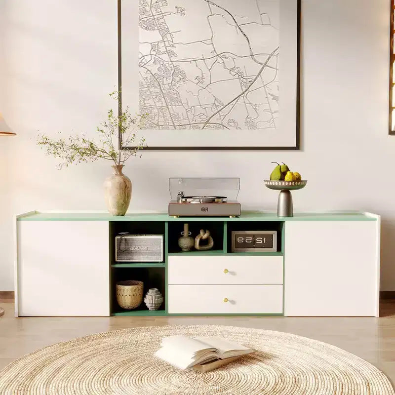 Meuble TV moderne Gaoyangjiaju 78,7 pouces, bloc de couleurs, pour téléviseur de 85 pouces, console média avec tiroirs et armoire de rangement pour salon, vert et blanc