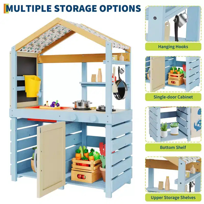 Cuisine en bois d'extérieur pour enfants, avec auvent, robinet, évier, tableau noir, crochets de suspension, cadeau pour garçons et filles de 3 ans et plus