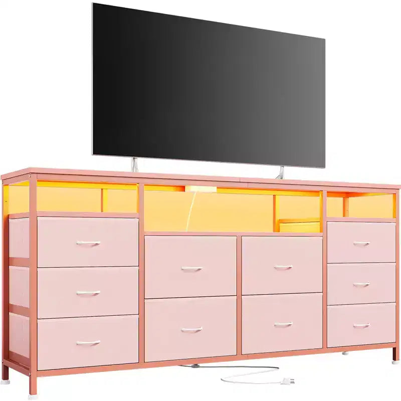 Commode 63,3 pouces pour chambre à coucher, commode TV en tissu à 10 tiroirs avec lumières LED et prises de courant, long meuble TV pour placard
