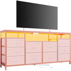 Commode 63,3 pouces pour chambre à coucher, commode TV en tissu à 10 tiroirs avec lumières LED et prises de courant, long meuble TV pour placard