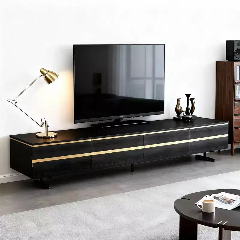 Meuble TV et console média noir Luck Live Farmhouse 86.61 avec tiroirs de rangement dissimulés, armoires fermées, pieds en métal et gestion des câbles