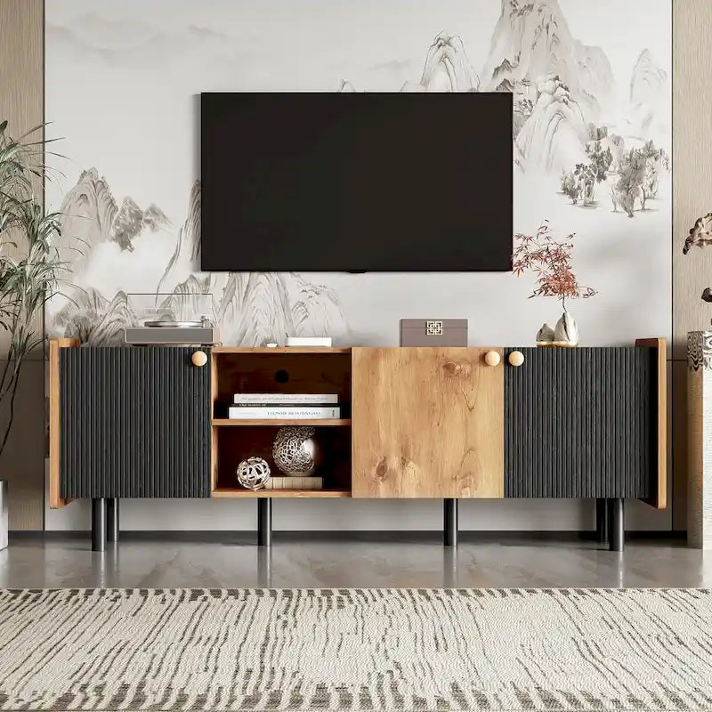 Meuble TV Mid-Century avec 3 armoires, console multimédia pour téléviseurs jusqu'à 70 pouces, centre de divertissement avec rangement