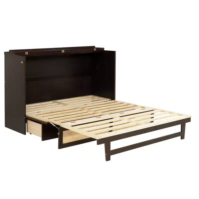 Lit escamotable Whisen Queen Size en pin avec décoration en rotin et tiroir de rangement