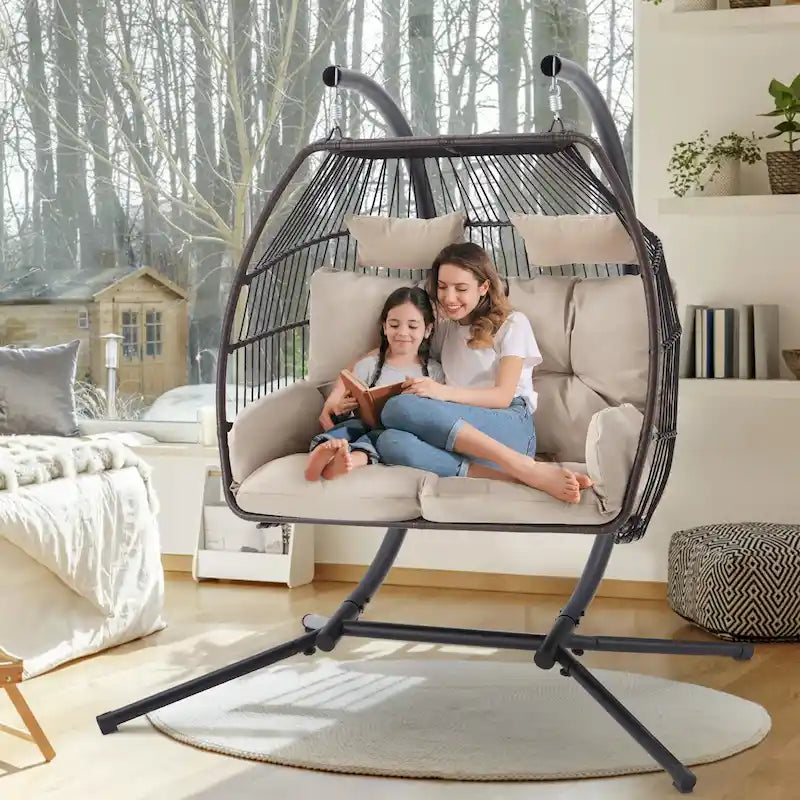 Balancelle extérieure à deux places avec support, chaise suspendue pliable, coussin de hamac et auvent, chaise double en forme d'œuf - Beige