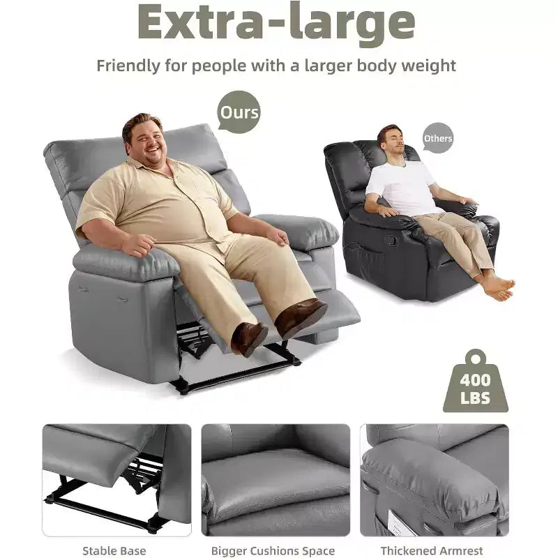 Fauteuil inclinable en cuir surdimensionné, inclinable manuel extra large, chaise longue avec accoudoirs et dossier confortables en éponge 1,5X pour salon, chambre