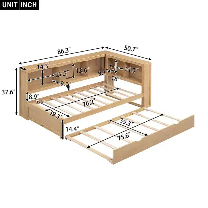 Lit de repos double Whisen Morden Design avec lit gigogne, armoires de rangement et ports USB
