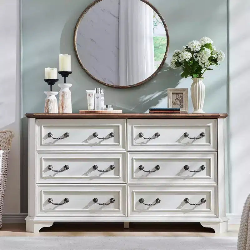 Commode à 6 tiroirs SinCiDo pour chambre à coucher, commode rustique en bois de style ferme, commode vintage de 54 po de largeur pour salon