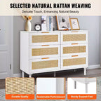 Commode 6 tiroirs en rotin VEVOR, commode bohème, commode en rotin avec rangement spacieux, commode en rotin naturel, blanc