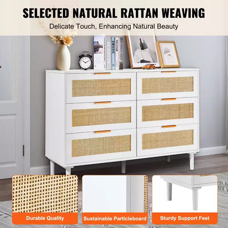 Commode 6 tiroirs en rotin VEVOR, commode bohème, commode en rotin avec rangement spacieux, commode en rotin naturel, blanc