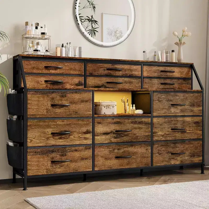Commode de chambre avec 14 tiroirs, commode de 55" de large avec poche latérale, commodes et chiffonniers en tissu avec étagères