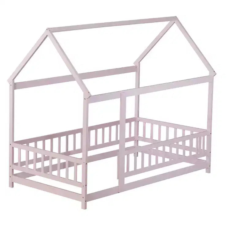 Lit au sol une place Luxystar de style cabane avec cadre de toit et clôture