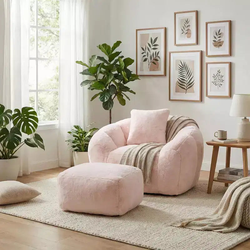 Fauteuil d'appoint en tissu Teddy Plush FurnitureR avec pouf, ensemble fauteuil de salon confortable et ottoman pour salon, chambre ou coin lecture
