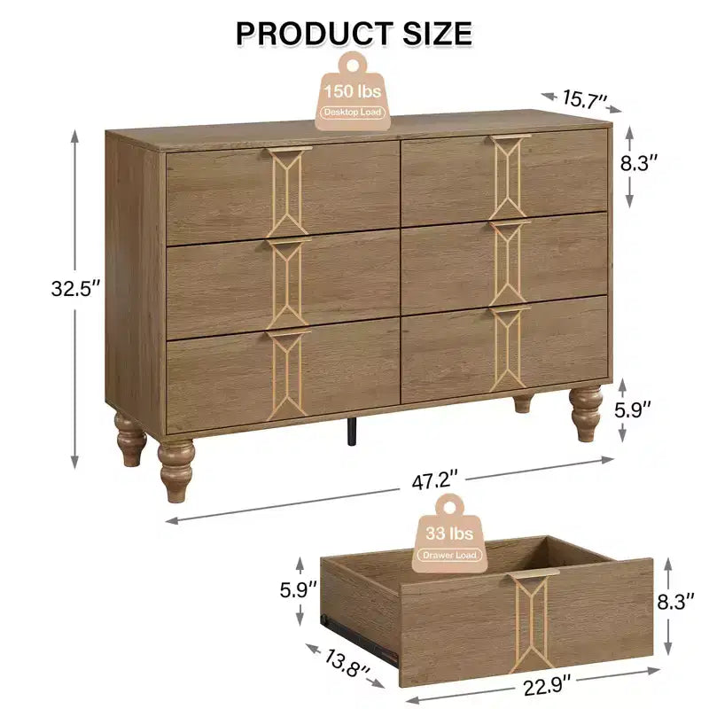 Commode à 6 tiroirs pour chambre à coucher, commode en bois moderne avec tiroirs profonds, commode pour salon, couloir, entrée
