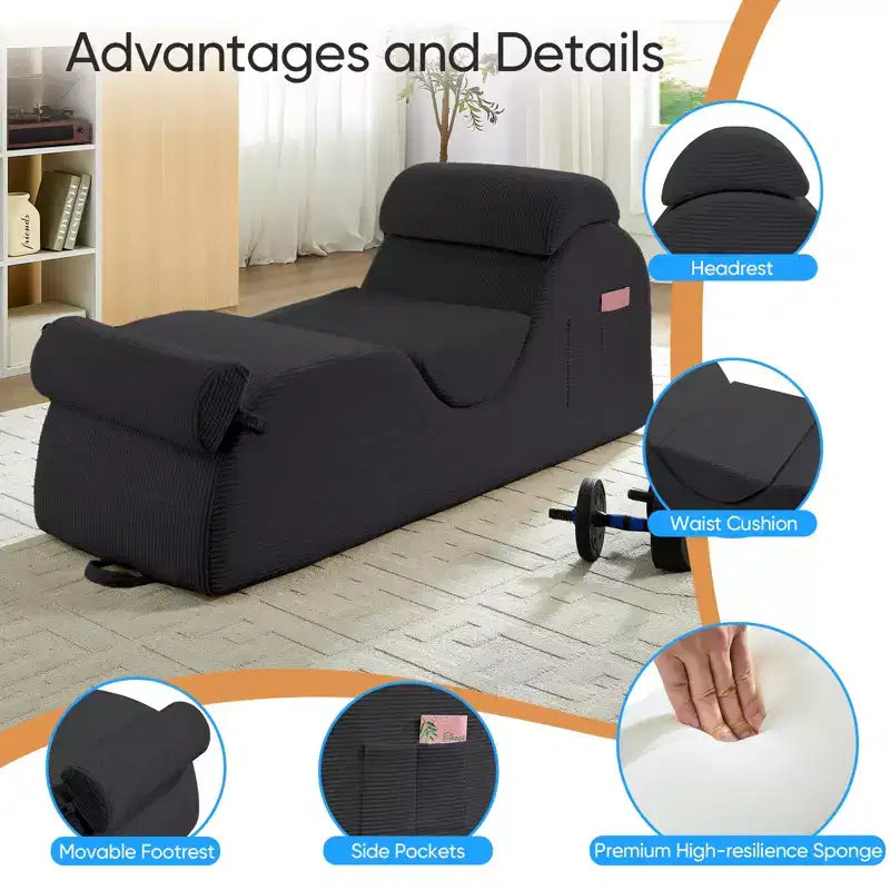 Mjkone Chaise Longue de Yoga en Velours Côtelé, Canapé de Yoga Incurvé avec Appui-Tête/Coussin Lombaire/Repose-Pieds Amovibles, Base Antidérapante