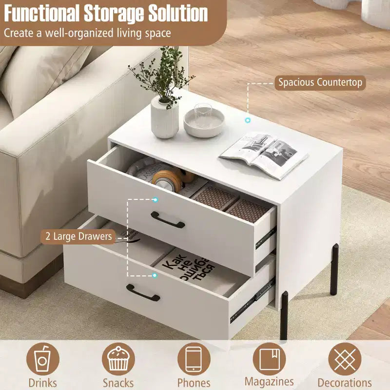 Commode à 2 tiroirs Costway avec pieds et poignées en métal, tiroirs et kits anti-basculement pour placard