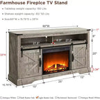 Meuble TV cheminée OKD 60 pour téléviseurs de 65 pouces et plus, meuble TV haut de 33 po avec porte coulissante de style grange