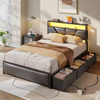 Cadre de lit double Qwatto avec 6 tiroirs, station de charge, lumières LED, tête de lit rembourrée en cuir PU, plateforme en métal, pas besoin de sommier.