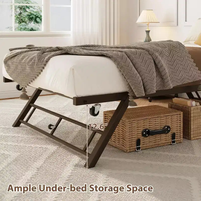 Lit gigogne double avec roulettes verrouillables - Cadre de lit pliant en métal escamotable pour chambre à coucher, chambre d'amis et salon