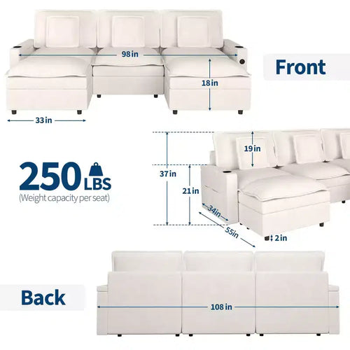 Canapé modulable de 274 cm, canapé d'angle en U surdimensionné, canapé moderne en chenille avec assise extra profonde, canapé convertible 6 places, beige