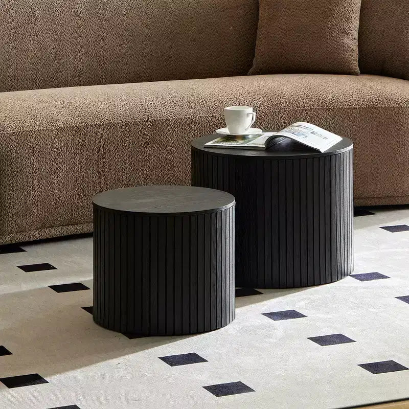 VIYET 19/15 VIYET Lot de 2 tables basses gigognes rondes, table d'appoint en MDF noir avec placage bois, table basse gain de place sans assemblage pour salon