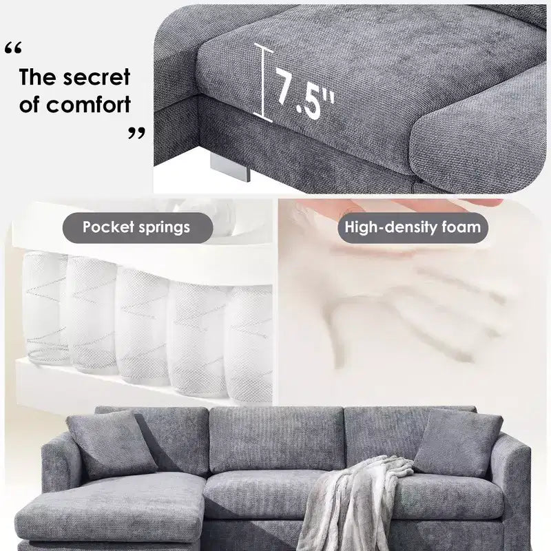 Canapé moderne en forme de L « Nuage » : canapé de luxe 4 places en chenille avec méridienne surdimensionnée, 2 oreillers offerts - Idéal pour salon, appartement, bureau
