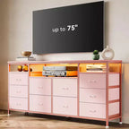 Commode 63,3 pouces pour chambre à coucher, commode TV en tissu à 10 tiroirs avec lumières LED et prises de courant, long meuble TV pour placard