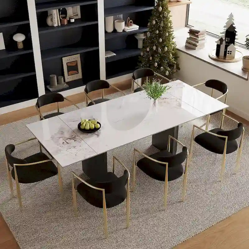 Ensemble de salle à manger extensible moderne et minimaliste 9 pièces 94.48 avec plateau en pierre frittée et double piédestal, avec 8 chaises en tissu