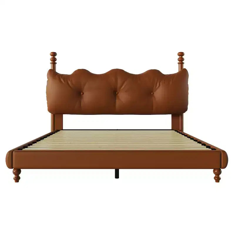 Cadre de lit Queen/King en cuir PU avec tête de lit capitonnée ondulée, de style moderne du milieu du siècle et vintage, Café - ModernLuxe