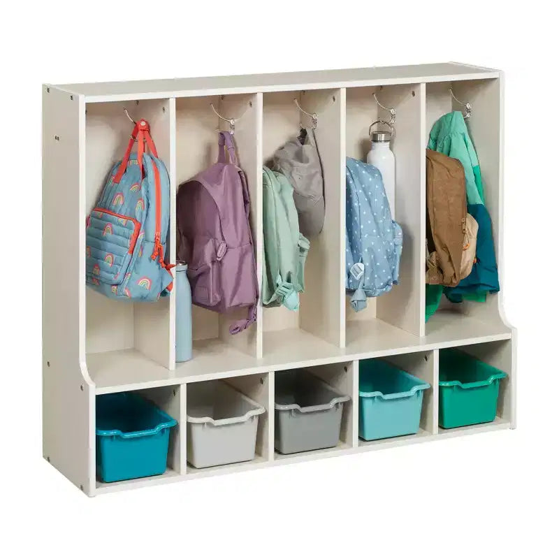 Portemanteau-vestiaire 5 sections avec banc et 5 bacs avant évidés pour tout-petits ECR4Kids Streamline
