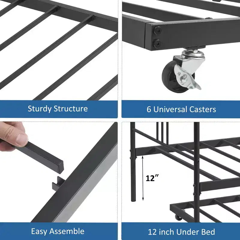 Lit de repos COZONY avec lit gigogne, lit de jour double en métal avec lattes en acier, tête de lit arquée, lit d'appoint peu encombrant pour salon et chambre, noir