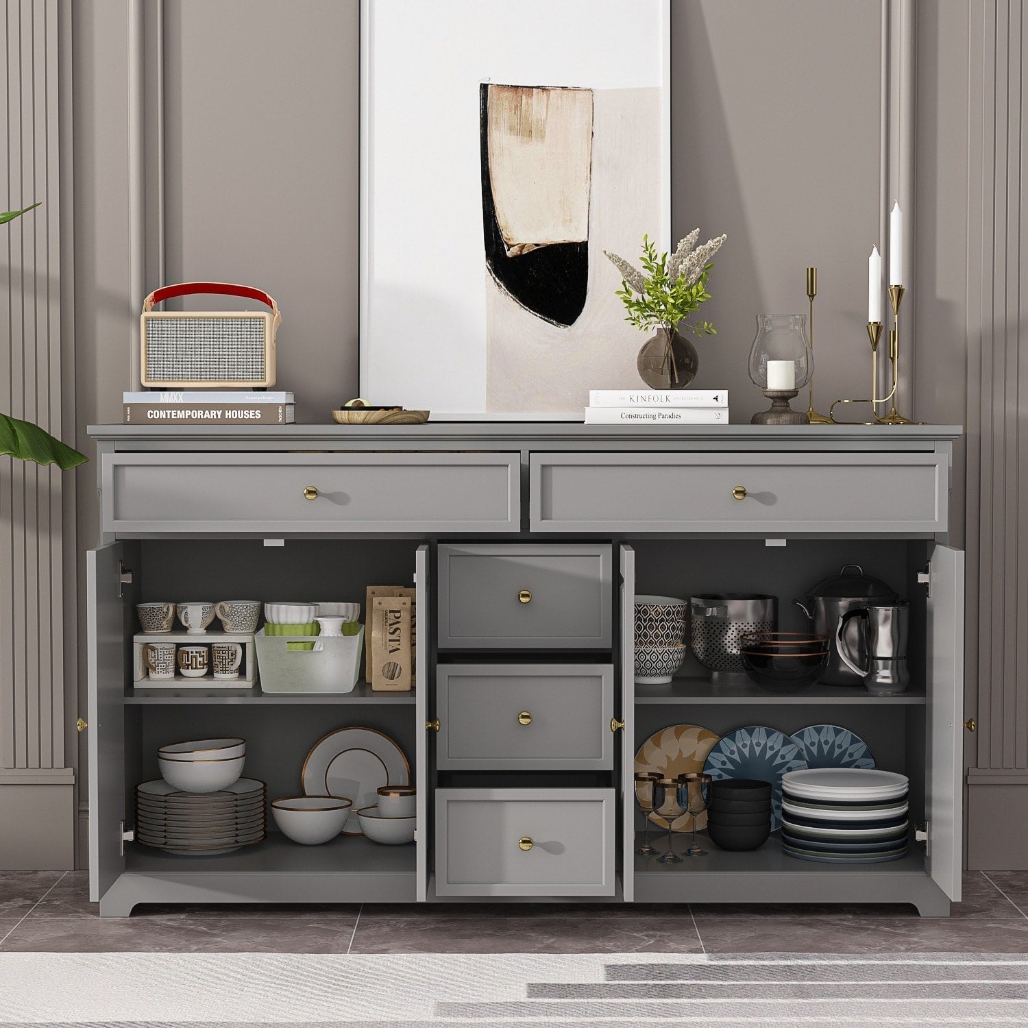 Buffet bahut 150 cm blanc laqué moderne contemporain du milieu du siècle
