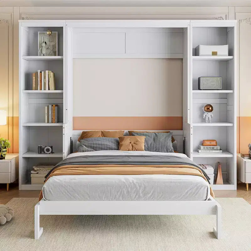 Lit escamotable en bois Queen/Grand avec bureau et étagères de rangement, blanc -ModernLuxe