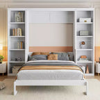 Lit escamotable en bois Queen/Grand avec bureau et étagères de rangement, blanc -ModernLuxe