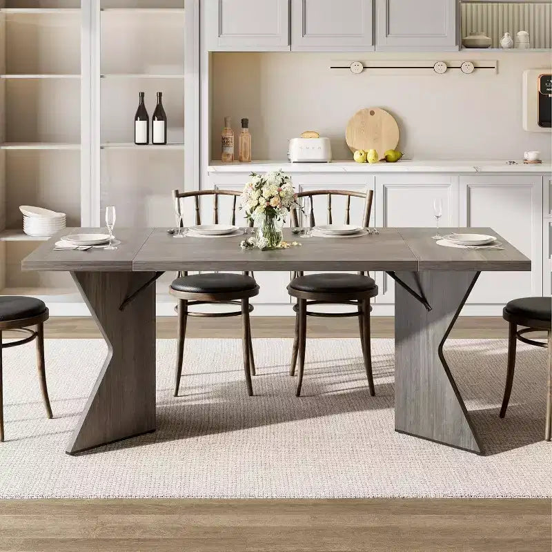 Table de salle à manger CuisinSmart 70,9 pouces pour 6 personnes, table de cuisine rectangulaire de style ferme avec cadre robuste et pieds en V, bureau épais en bois