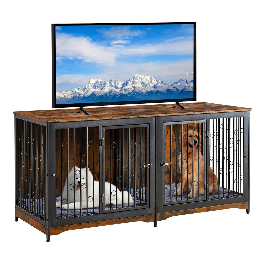 Meuble Cage pour Chien 70.86'' Grande Race Meuble TV avec Coussin & Deux Chambres (Sans Coussin)