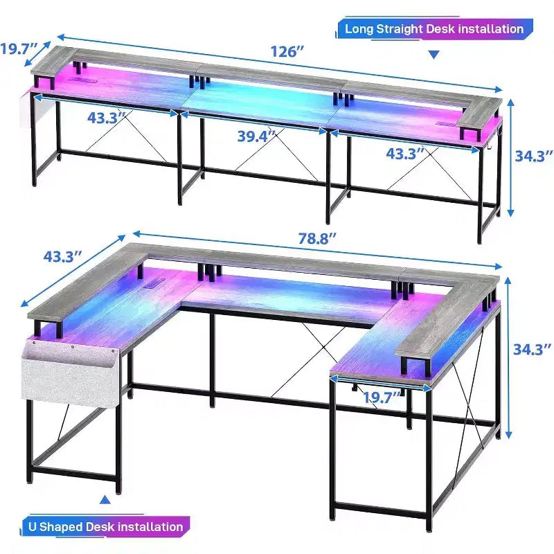 Bureau d'angle en U de 200 cm pour gamer, bureau d'ordinateur réversible en forme de L avec prises de courant, lumières LED, support d'écran et étagères de rangement