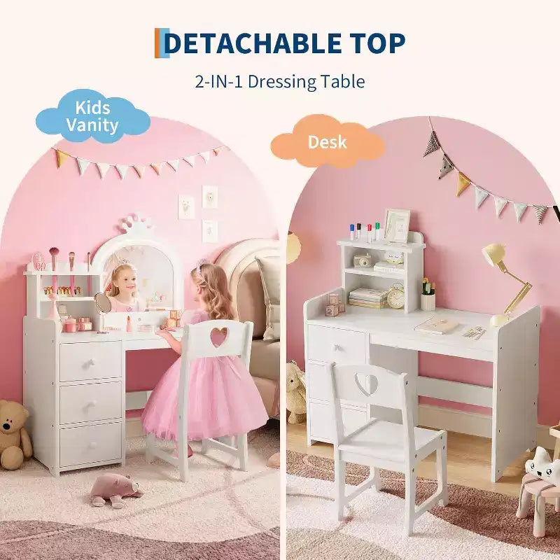 Coiffeuse avec miroir et lumières pour petites filles, ensemble de coiffeuse avec tiroirs et étagères de rangement ouvertes, table de toilette en bois pour chambre à coucher