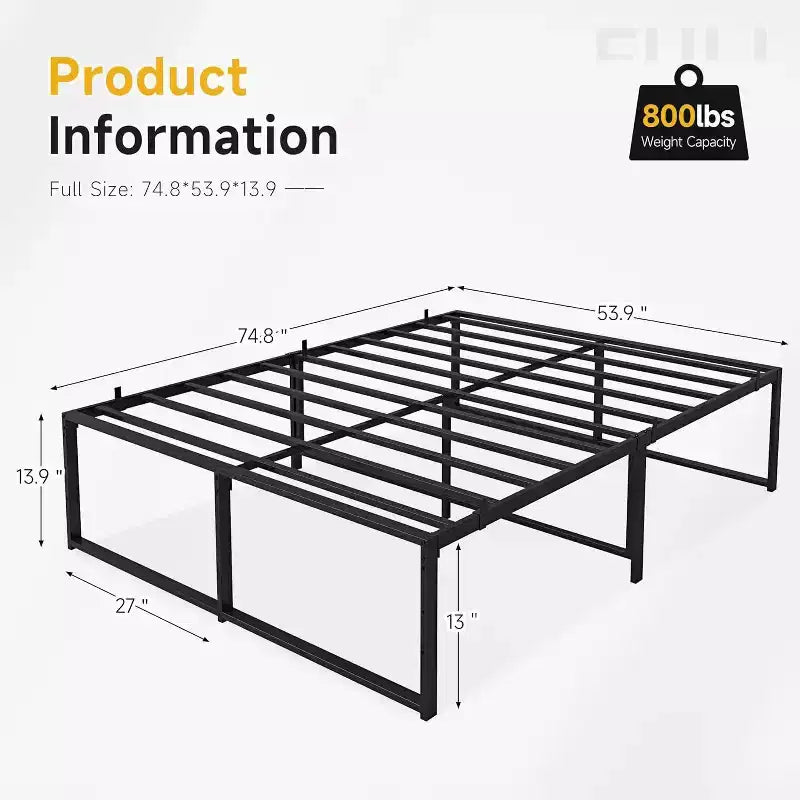 Cadre de lit double en métal de 14 pouces, plateforme robuste, lattes en acier solides, base de matelas, aucun sommier tapissier requis, montage facile, silencieux, noir