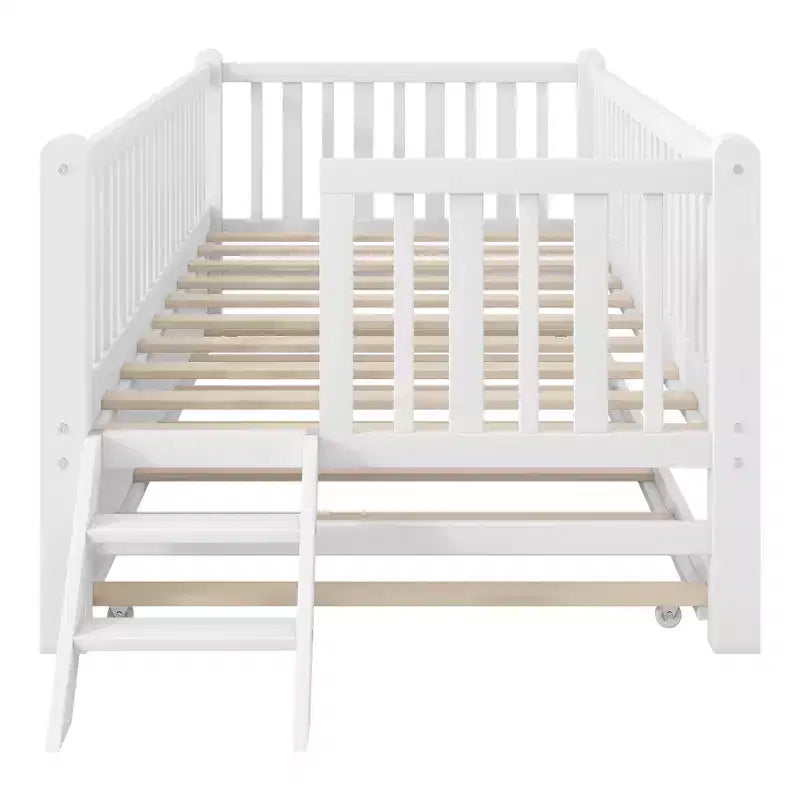 Cadre de lit double avec lit gigogne et garde-corps, lit plateforme bas avec escalier pour garçons et filles