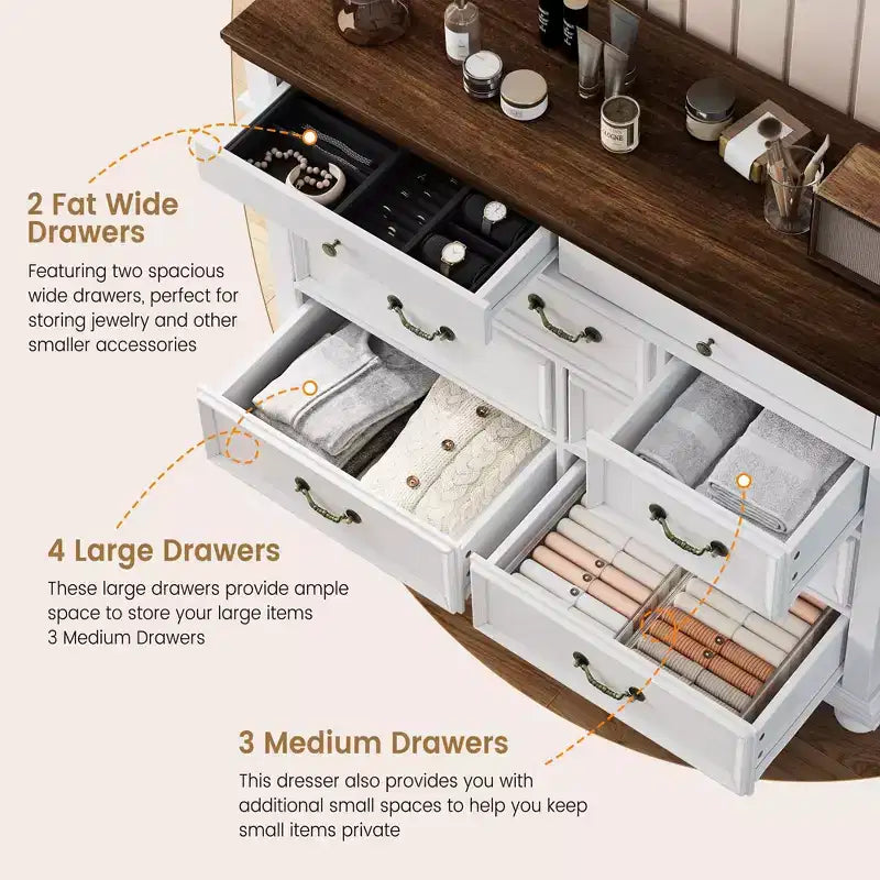 Commode de Ferme à 9 Tiroirs pour Chambre à Coucher, Large Commode Rustique en Bois de 47" avec 9 Tiroirs et Poignées en Métal, Grand Organiseur de Rangement