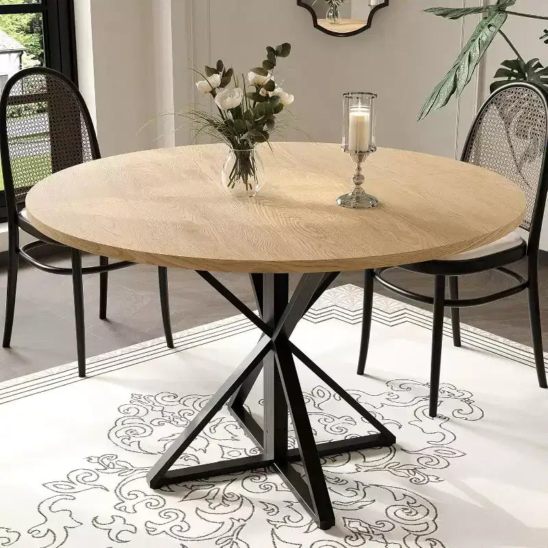 Table de salle à manger ronde de 120 cm pour 4 personnes, tables de cuisine en bois avec pied en métal et plateau en 4 parties, peu encombrante, table de dîner circulaire pour la maison