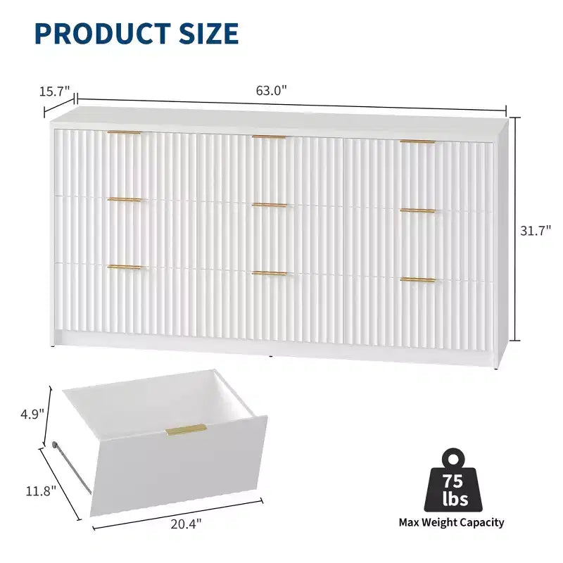 COZONY Commode cannelée à 8/9 tiroirs - Grand meuble de rangement en bois avec poignées métalliques et dispositif anti-basculement pour chambre à coucher, salon, couloir
