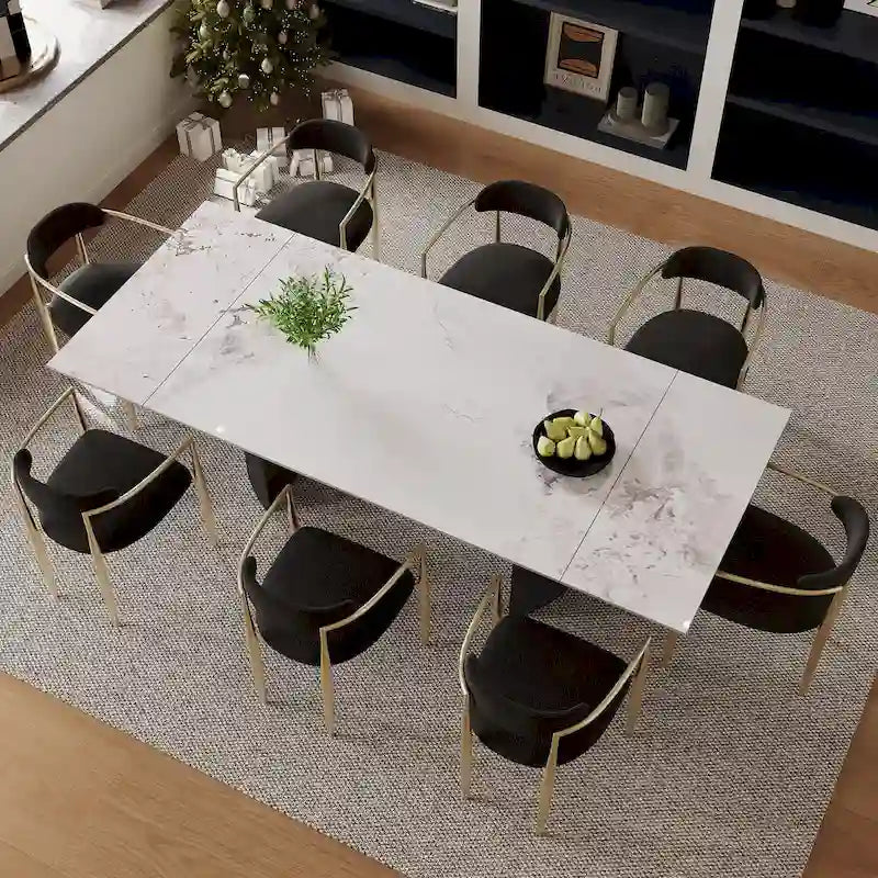 Ensemble de salle à manger extensible moderne et minimaliste 9 pièces 94.48 avec plateau en pierre frittée et double piédestal, avec 8 chaises en tissu