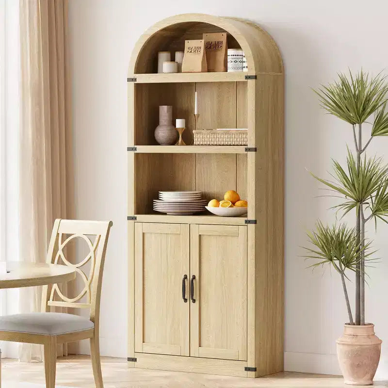 Bibliothèque GustoWave avec portes, étagère arquée de 182 cm de haut, meuble de rangement de style ferme avec étagères, bibliothèques en bois pour bureau à domicile